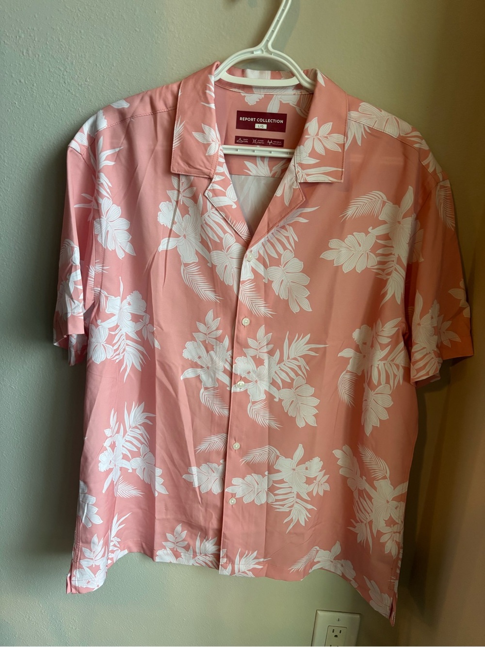 Report Collection Men’s Floral Camp Collar Shirt Pink White Size Large